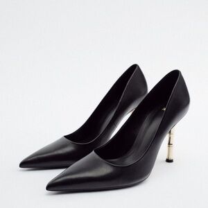 ZARA STYLISH BLACK LEATHER GOLD HEELS BRAND NEW WITH TAGS US 7.5 EUR 38